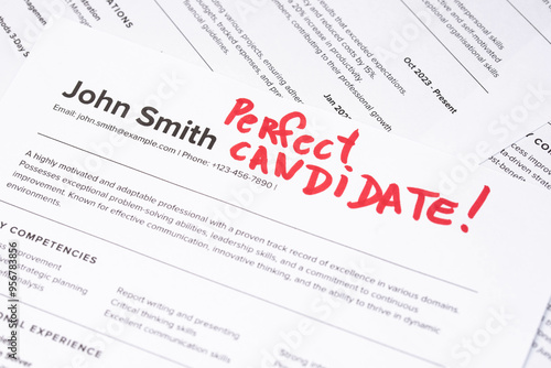 Fake mock CV (curriculum vitae) resume for John Smith, selected by HR as the perfect candidate for a job. Concept of job search, employee selection, recruitment process, work and hiring.