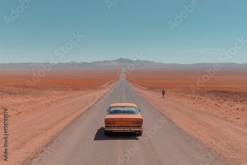 A classic car drives down an endless desert road, stretching far into the horizon under a cloudless sky, symbolizing freedom, solitude, and the journey ahead. photo