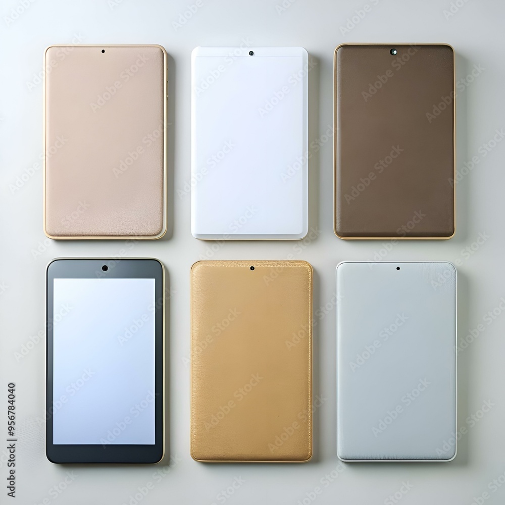 Six minimalist tablet mockups. showcasing various finishes and colours. Six minimalist tablet mockups. showcasing various finishes and colours.