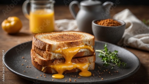 Grilled cheese sandwich on a plate with ground pepper. photo