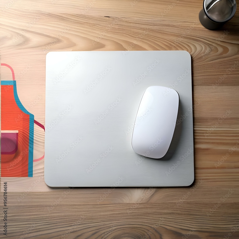A clean. modern workspace with a white wireless mouse resting on a sleek silver mousepad. set against a warm wooden desk. A clean. modern workspace with a white wireless mouse resting on a sleek silver mousepad. set against a warm wooden desk.