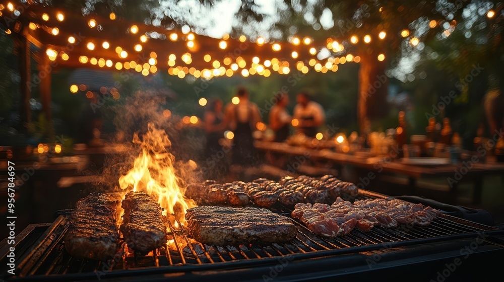 twilight barbecue scene with sizzling meats in foreground bokeh effect of string lights silhouettes of people mingling warm color palette twilight barbecue scene with sizzling meats in foreground bokeh effect of string lights silhouettes of people mingling warm color palette