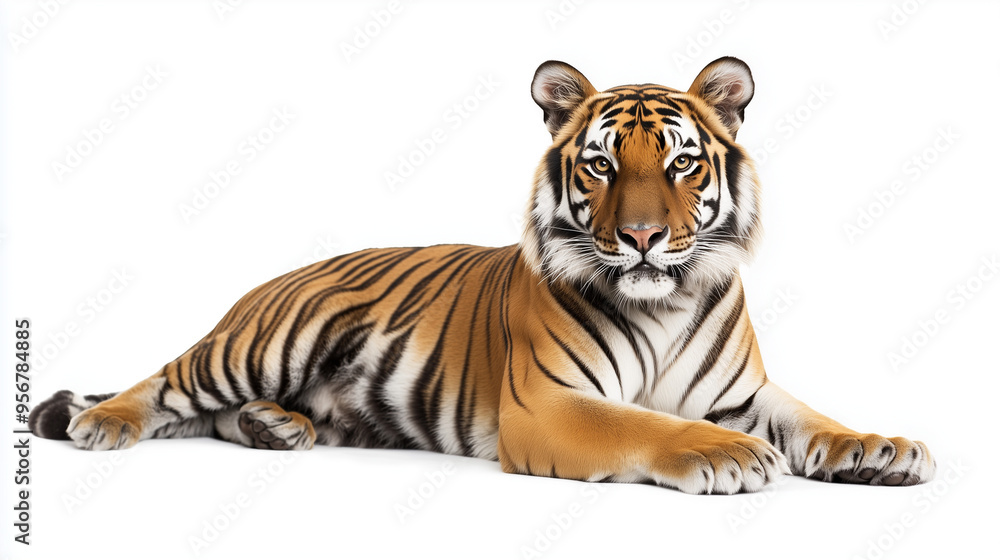 Obraz premium Tiger lying down on white background