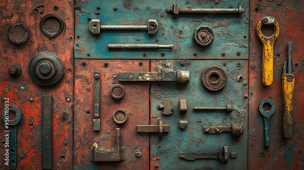 Assorted Rusty Tools and Hardware Mounted on a Weathered Wall Assorted Rusty Tools and Hardware Mounted on a Weathered Wall