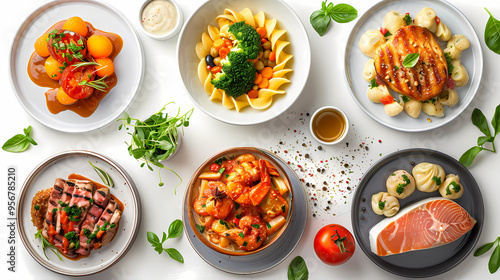 set of plates of food isolated on a white background, top view