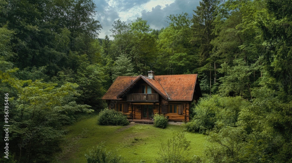 A traditional log chalet in a serene forest, offering a secluded and cozy escape into nature. A traditional log chalet in a serene forest, offering a secluded and cozy escape into nature.