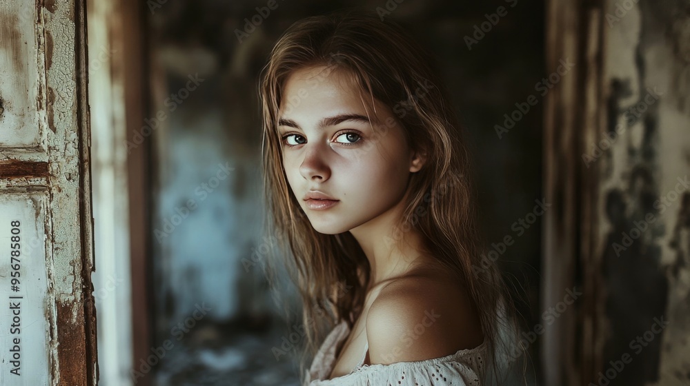 Fototapeta premium Girl's portrait in ruined home