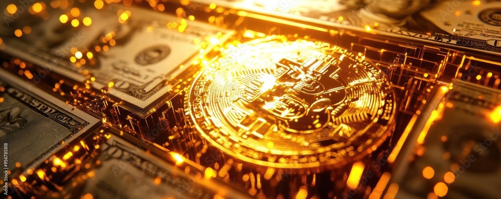 A golden cryptocurrency coin surrounded by US dollar bills, symbolizing the future of finance and digital investments. A golden cryptocurrency coin surrounded by US dollar bills, symbolizing the future of finance and digital investments.