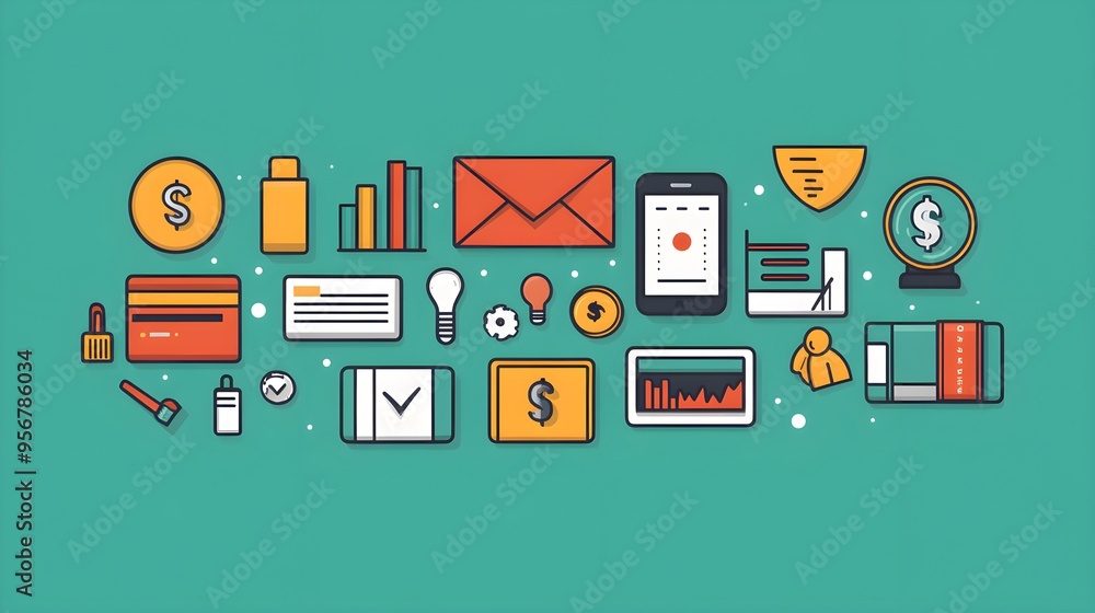 Flat design of a financial app using icons for budgeting, savings, and expenses Flat design of a financial app using icons for budgeting, savings, and expenses
