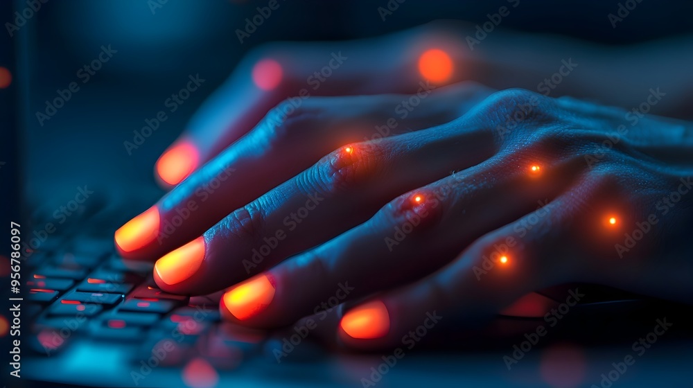 Close-up of Computer Mouse with Glowing Red Spots on Hand Symbolizing Strain and Discomfort Close-up of Computer Mouse with Glowing Red Spots on Hand Symbolizing Strain and Discomfort