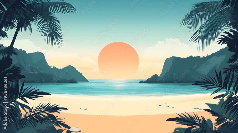 Fototapeta premium Flat design of a serene beach scene with minimal elements