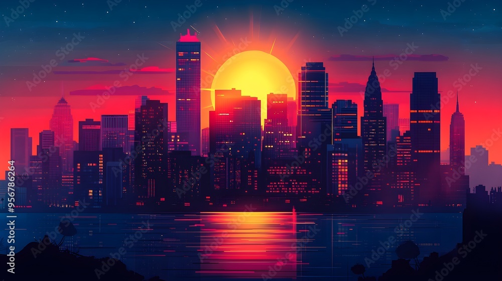 Fototapeta premium Flat design of a futuristic city using neon colors and dark contrasts