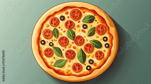 A flat design of a pizza with toppings arranged symmetrically