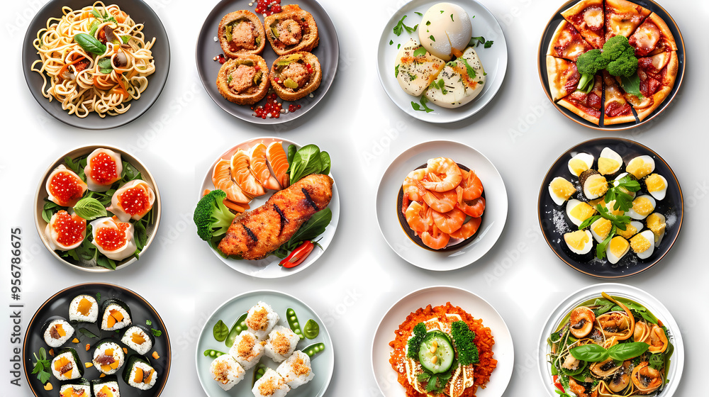 set of plates of food isolated on a white background, top view