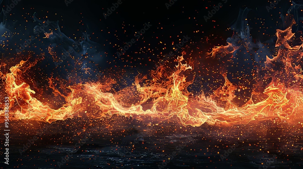 A Fiery Wave of Flames with Sparks on a Dark Background A Fiery Wave of Flames with Sparks on a Dark Background