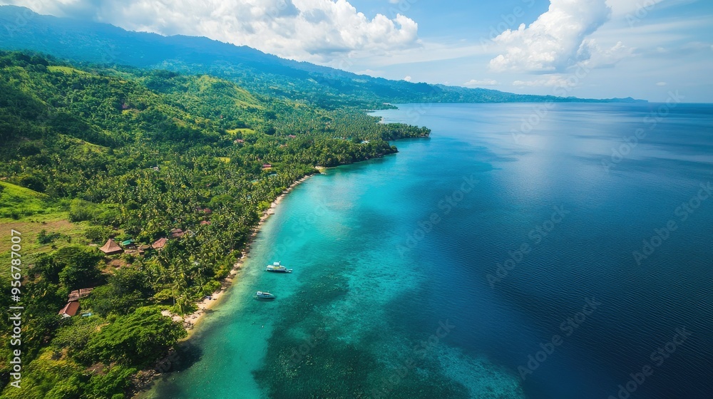 Aerial capture of Santai Beach, Latuhalat, Ambon, Maluku, displaying the stunning coastline with lush greenery and tranquil blue waters for picturesque travel visuals. Aerial capture of Santai Beach, Latuhalat, Ambon, Maluku, displaying the stunning coastline with lush greenery and tranquil blue waters for picturesque travel visuals.