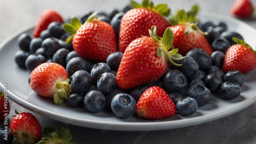 One plate was filled with bright red strawberries and blueberries. One plate was filled with bright red strawberries and blueberries.
