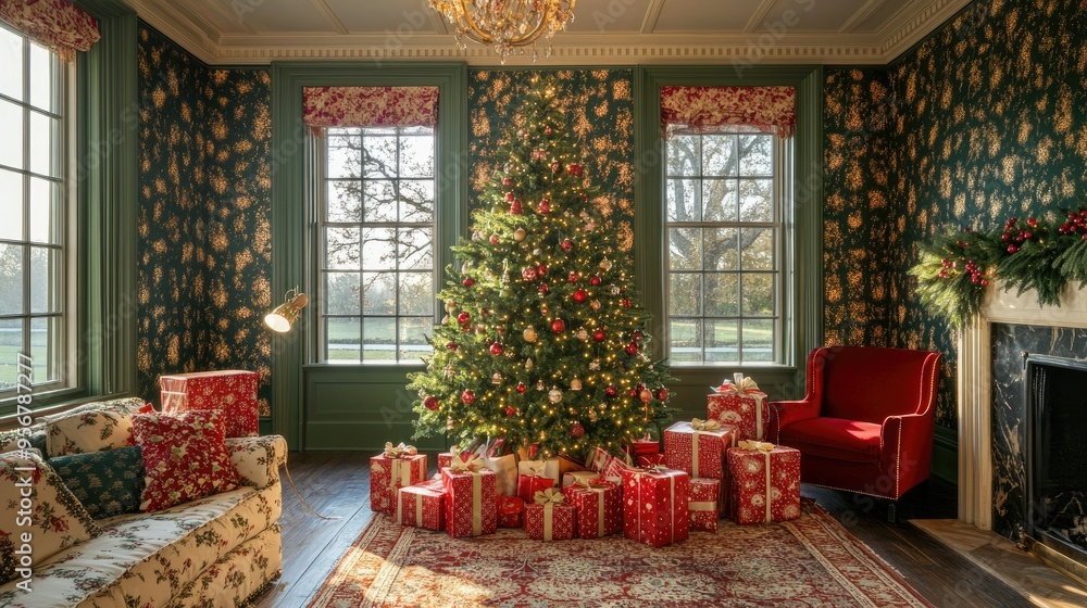 Tasteful holiday decor featuring a beautifully adorned Christmas tree, elegant wrapping paper, and coordinated gift boxes Tasteful holiday decor featuring a beautifully adorned Christmas tree, elegant wrapping paper, and coordinated gift boxes