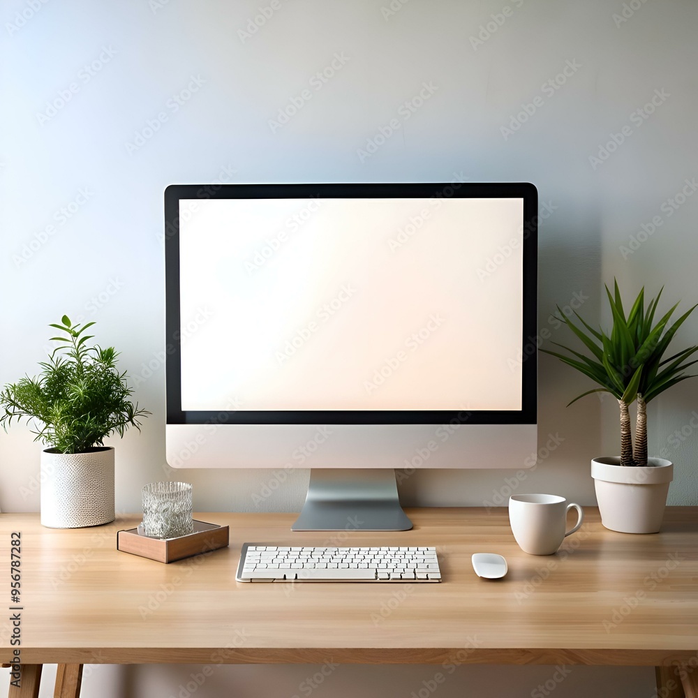 A clean and modern workspace with a blank computer screen. perfect for showcasing your website. app. or design. A clean and modern workspace with a blank computer screen. perfect for showcasing your website. app. or design.