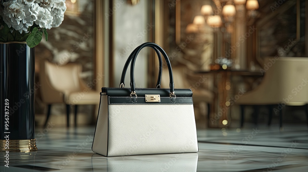 White and Black Leather Handbag with Gold Accents White and Black Leather Handbag with Gold Accents