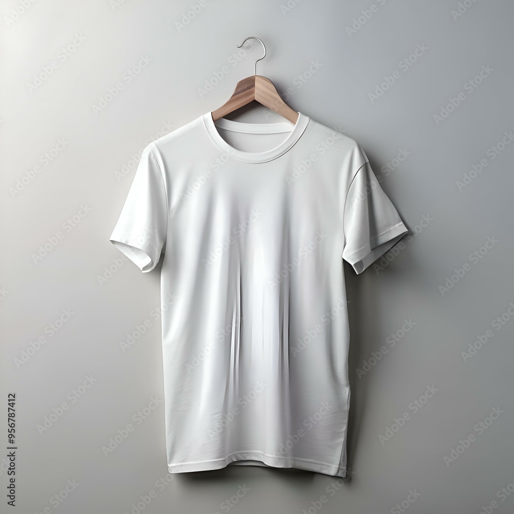 Blank white t shirt mockup hanging on a wooden hanger against a neutral grey background. Blank white t shirt mockup hanging on a wooden hanger against a neutral grey background.