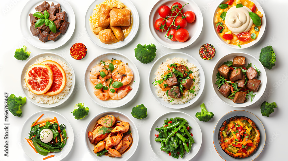 set of plates of food isolated on a white background, top view set of plates of food isolated on a white background, top view