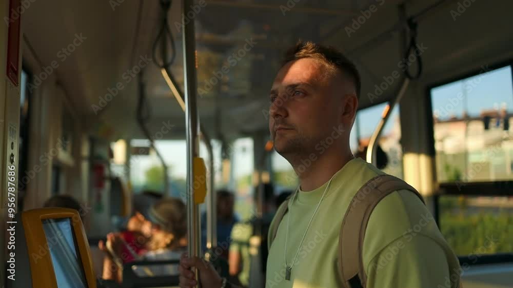 Caucasian man passenger on urban public transport metro. Business people go to work by public transport. High quality FullHD footage Caucasian man passenger on urban public transport metro. Business people go to work by public transport. High quality FullHD footage