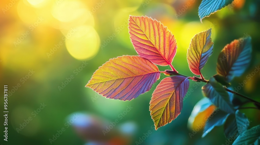 Vibrant leaves with morning light and a blurred green background, symbolizing renewal and tranquility Vibrant leaves with morning light and a blurred green background, symbolizing renewal and tranquility