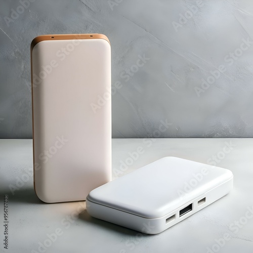 Two sleek white power banks on a grey background. perfect for showcasing your tech products or promoting mobile device charging solutions. photo