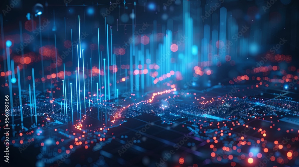 Abstract Digital Network Visualization with Blue and Red Lights Abstract Digital Network Visualization with Blue and Red Lights