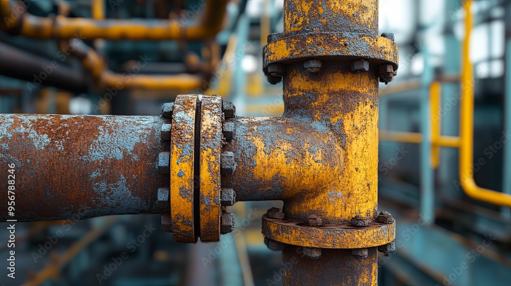 Close-up of a Rusty Yellow Pipe Joint in an Industrial Setting Close-up of a Rusty Yellow Pipe Joint in an Industrial Setting