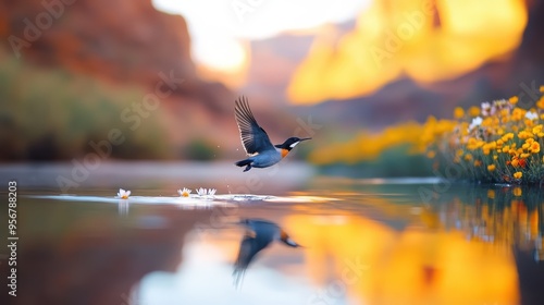 A breathtaking shot of a bird flying over a river with a backdrop of towering mountains and colorful wildflowers taken with a Sony A90 and 600mm lens. photo