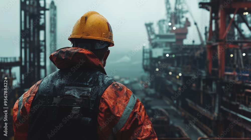 Fototapeta premium Marine Engineer in Rain Gear at Offshore Platform