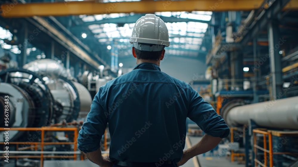Fototapeta premium Engineer Overseeing Industrial Machinery in Factory