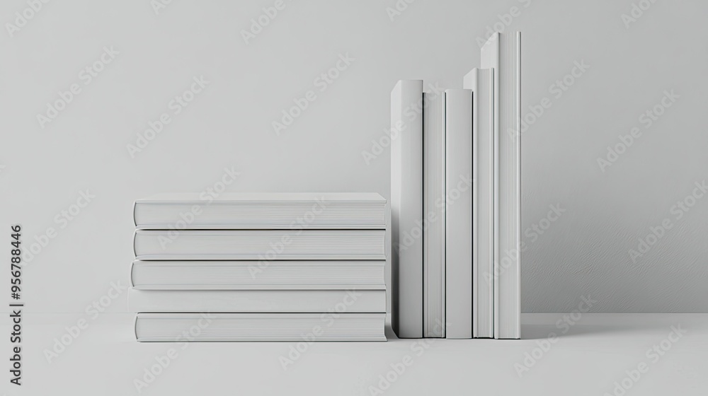 Obraz premium White blank books stacked in a tidy arrangement, set against a plain background to emphasize their simplicity.