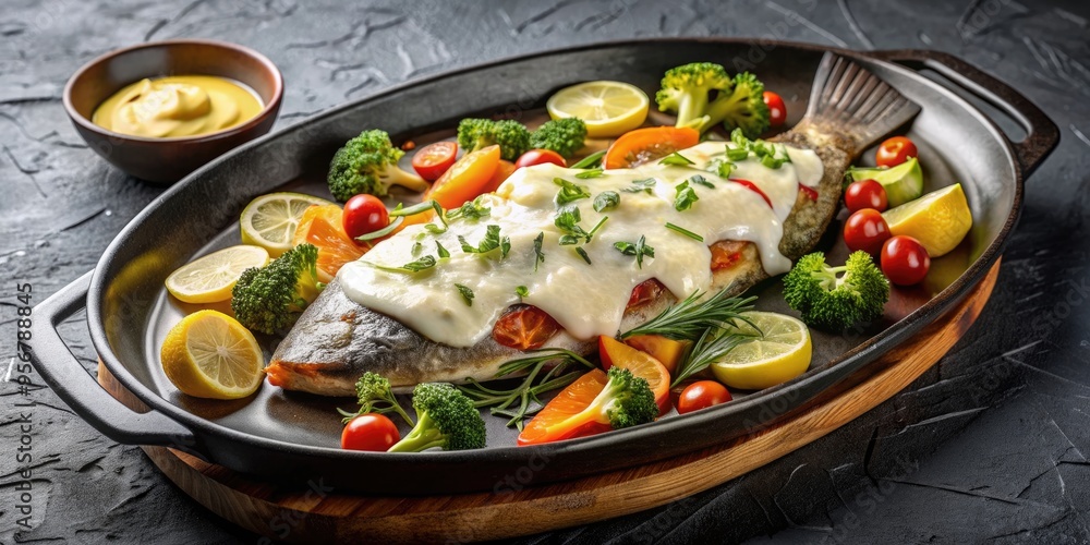Baked fish with vegetables and cream sauce under cheese sauce in iron plate, baked, fish, vegetables, cream sauce Baked fish with vegetables and cream sauce under cheese sauce in iron plate, baked, fish, vegetables, cream sauce