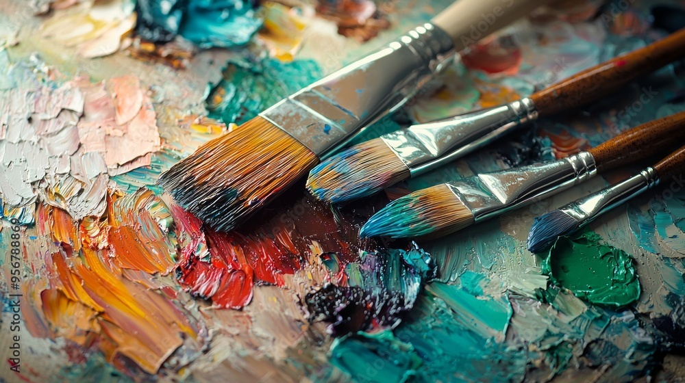 Fototapeta premium Palette with paints and brushes on colorful background, top view.