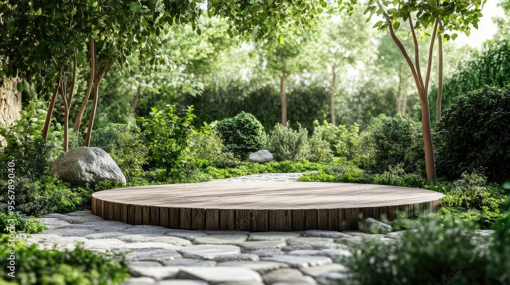Wooden podium set in a tranquil garden with a stone pathway and greenery, ideal for natural or wellness products. Wooden podium set in a tranquil garden with a stone pathway and greenery, ideal for natural or wellness products.