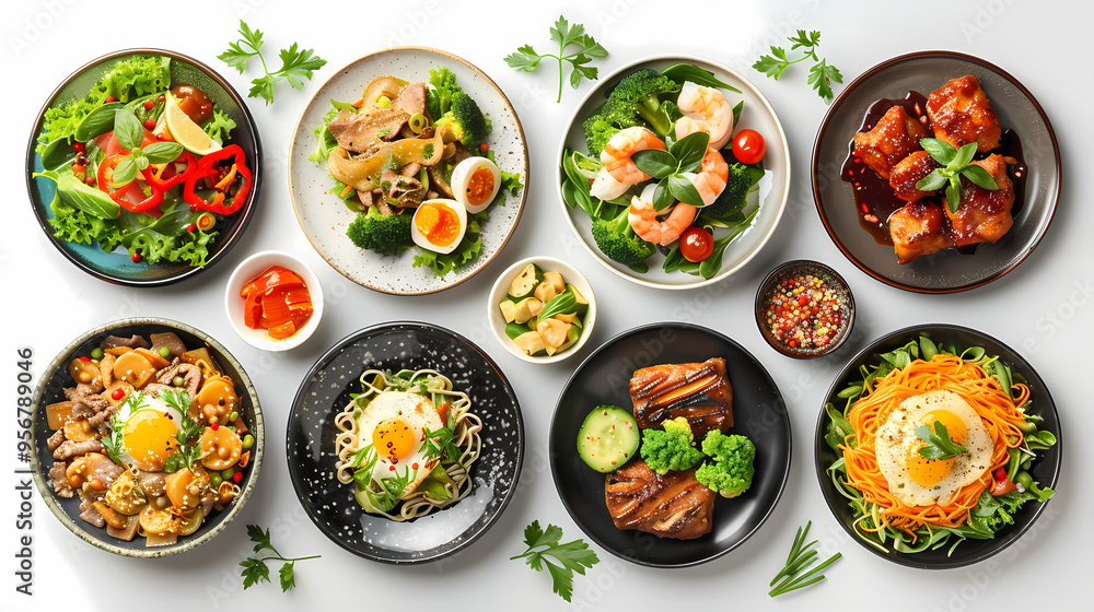 set of plates of food isolated on a white background, top view set of plates of food isolated on a white background, top view