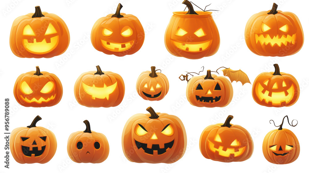 A collection of spooky and smiling Halloween pumpkins, perfect for festive decoration and autumn themes. A collection of spooky and smiling Halloween pumpkins, perfect for festive decoration and autumn themes.