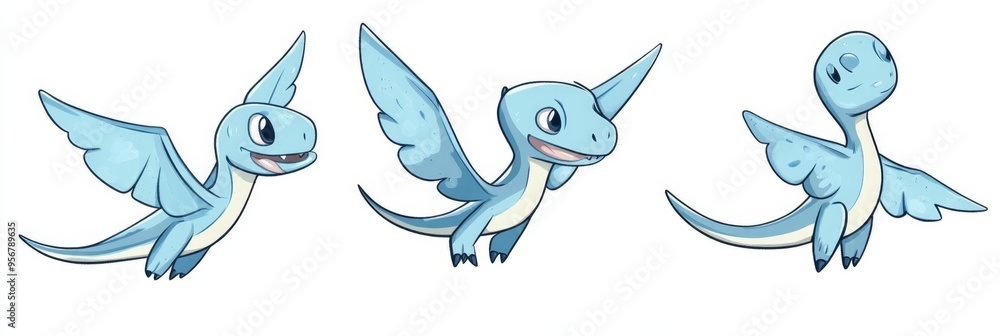 Obraz premium Cute blue cartoon pterodactyl trio in doodle style on a white isolated background