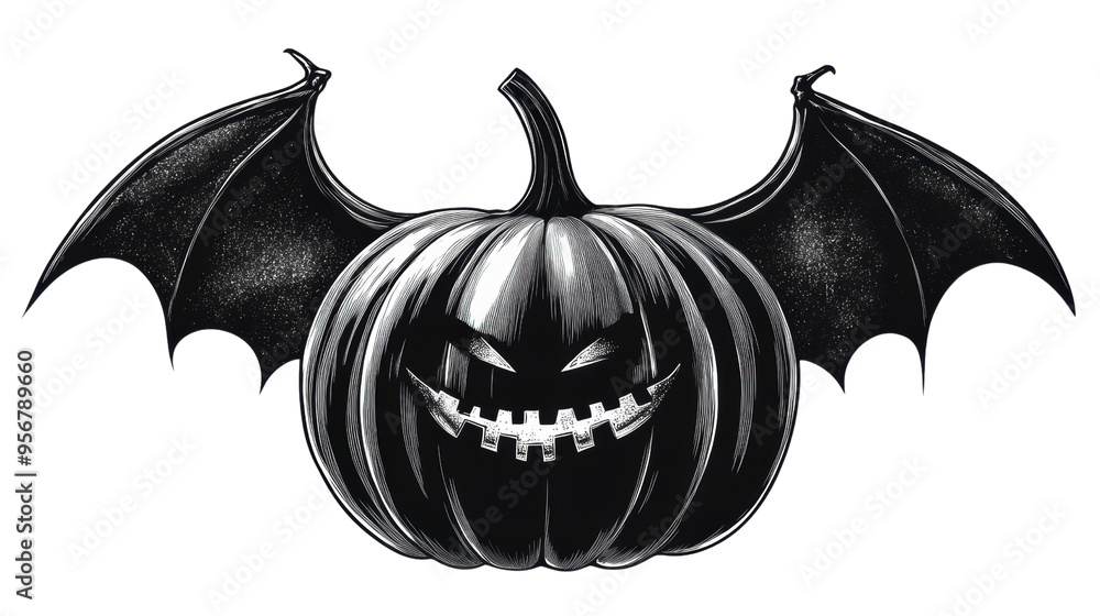 Naklejka premium A spooky black pumpkin with bat wings, perfect for Halloween themes, decorations, and creative designs.