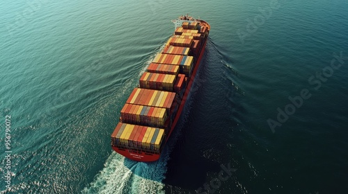 Aerial view of a large cargo ship filled with containers, journeying across the ocean. Showcases the scale and logistics of industrial sea freight transportation