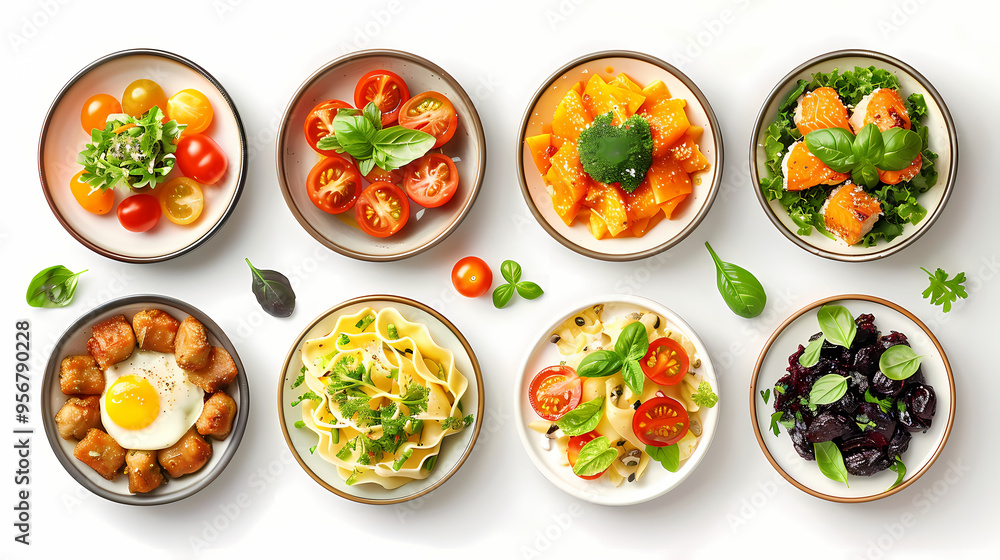 set of plates of food isolated on a white background, top view set of plates of food isolated on a white background, top view