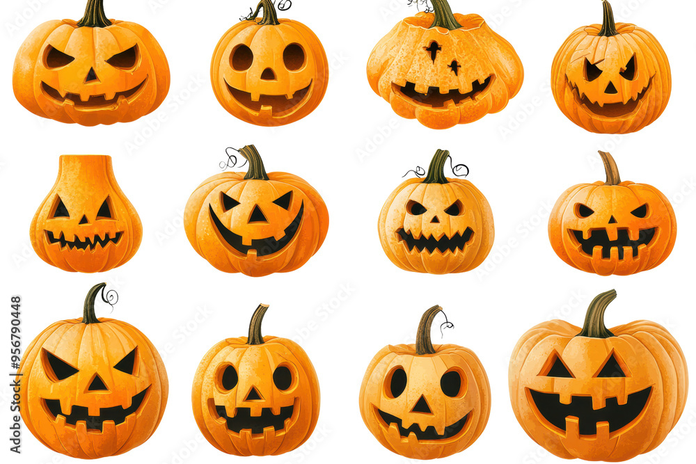 A collection of creatively carved pumpkins showcasing various spooky and playful faces for Halloween decoration. A collection of creatively carved pumpkins showcasing various spooky and playful faces for Halloween decoration.