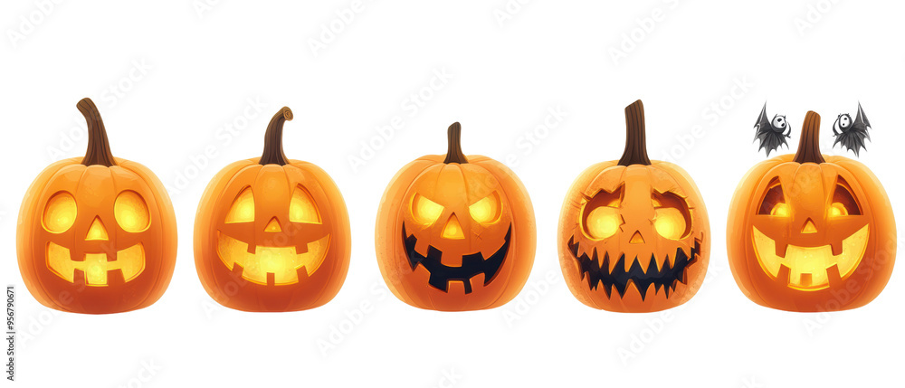 Five unique Halloween pumpkins with different faces, perfect for festive decorations and seasonal celebrations.