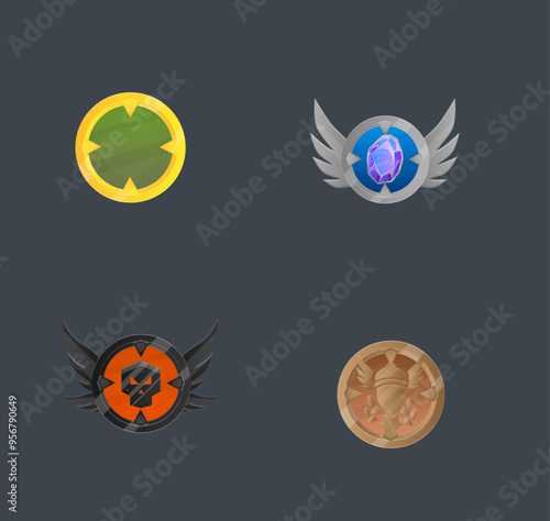 Set Of Four Coins Medal Achievement Icon Badge Golden Silver Bronze Game UI Logo Element Metal Isolated Vector Design