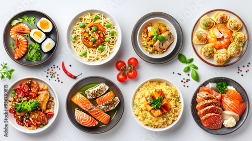 set of plates of food isolated on a white background, top view