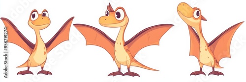 Cute cartoon pterodactyl characters in doodle style on a white isolated background photo