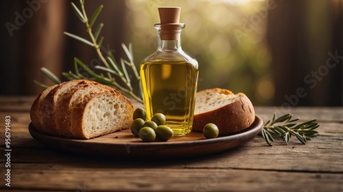 Rustic Olive Oil and Bread on Wooden Table. photo